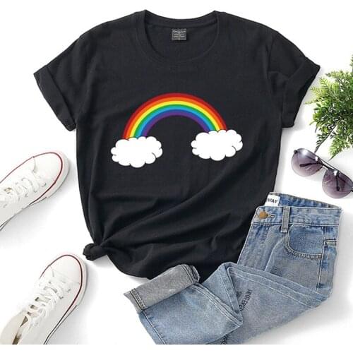 Rainbow Clouds LoveKorean TShirt Women Clothes Fashion Female cotton T-Shirt Summer Tops black Tee Shirt Short Sleeve New Design