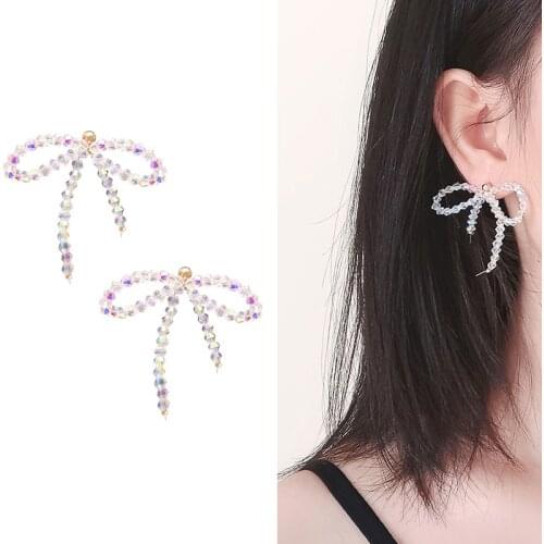 Japanese Style Temperament Rhinestone Big Bow Clip Earrings Without Piercing Female Glass Crystal Transparent Bow Knot Ear Clips