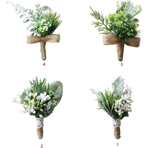 Pastoral Style Wedding Handmade Fake Succulent Eucalyptus Plants Realistic Greeny Boutonniere with Pin Groom Prom Suit