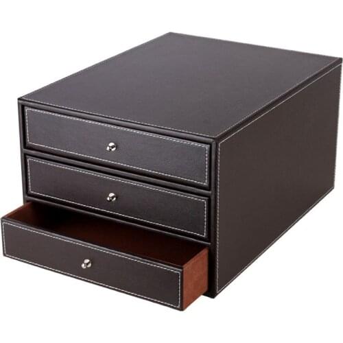 3 Layers Wood Leather Desk Set Filing Cabinet Storage Drawer Box Office Organizer Document Container Holder Black ZA4637