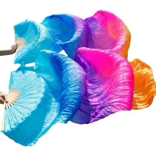 100% Silk Belly Dance Fans Stage Performance Gradient Colour Dance Accessories Belly Dancing Silk Fans rainbow