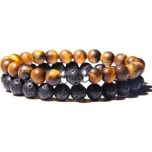 Vintage Men Bracelet 8mm Natural Tiger Eye Stone Beads Bracelet Fashion Lava Volcanic Beaded Energy Bracelet Jewelry Unisex