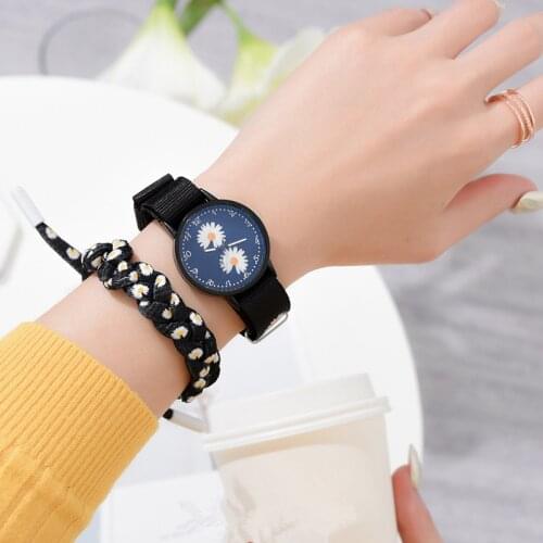 Daisy Flowers Women Watches Hot Sales Nylon Strap Ladies Wristwatches Fashion Girls Watch Bracelet Set Quartz Female Clock 2021