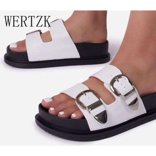 2021 New Summer Women Slipper PU Leather Fashion Casual Beach Double Buckle Non-slip Outside Slides Shoe Plus Size 36-43
