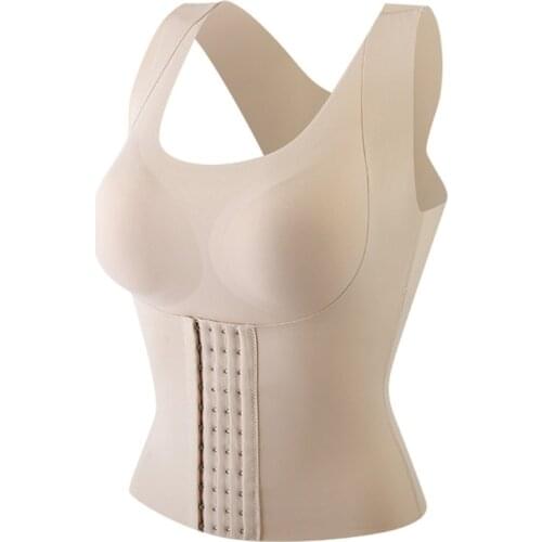 Women 4-In-1 Seanless Front Buckle Bra Wireless Push Up Padded Posture Corrector Tank Top Girdle Body Shaper Cross Back