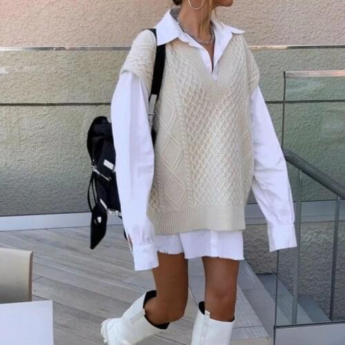 PUWD Casual Woman Beige Loose Soft V Neck Crochet Vest 2021 Spring Fashion Ladies Basic Knitwear Female Elegant Knitted Tank