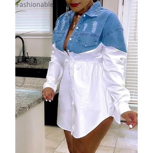 Women Colorblock Single Breasted Pockets Ripped Denim Patchwork Shirt Dress