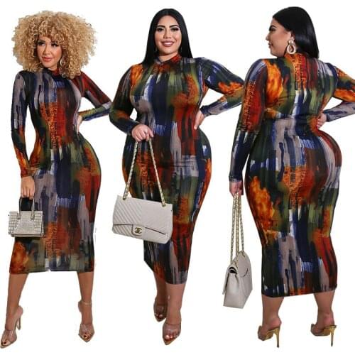 Irregular Printed Round Neck Long Sleeve Medium Length Dress Womens Vintage Bodycon Female Skirt One Piece Fitting Sets S-5xl