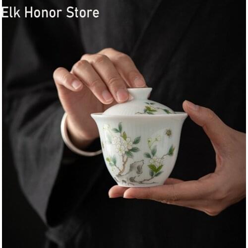 180ml Fashion Oriental Cherry Flower Tea Tureen White Jade Porcelain Sopera Ceramic Bowl With Lid Milk Oolong Household Teaset