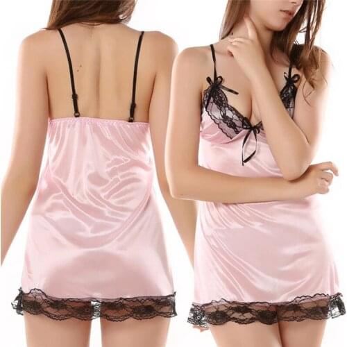 2pcs/set Women Sexy Pink Sleep Dress Costume Sexy Lingerie Female Nightdress Sexy Satin Sleepwear Nightgown Nightdress