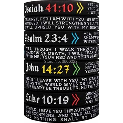 300pcs Isaiah 41:10 Psalm 23:4 John 14:27 Luke 10:19 Religious Scriptures Silicone Wristband Bracelet Free Shipping By DHL