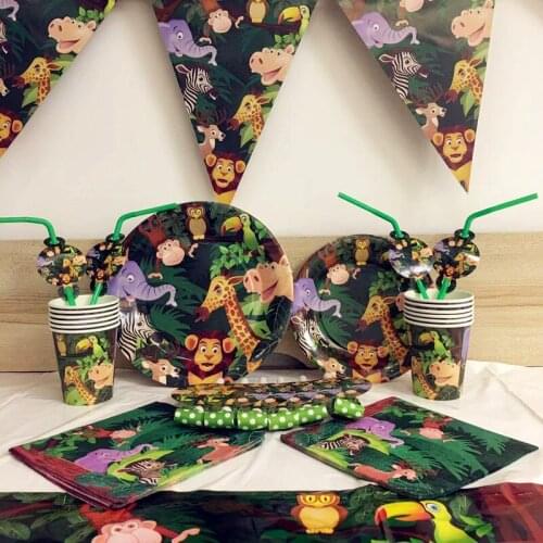 54PCS/set Jungle Animal Birthday Party Disposable Tableware Forest Friends Safari Zoo Theme Paper Cup Plate Baby Shower Supplies