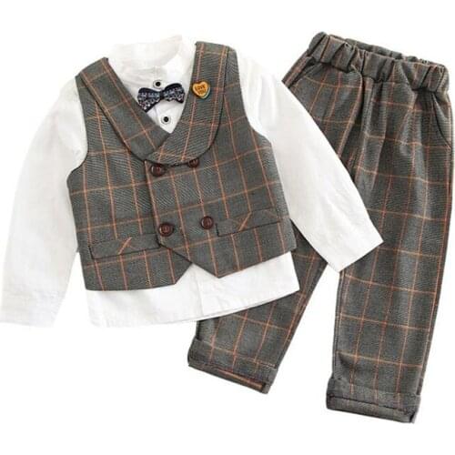 High Quality Boys Clothing Set 2019 Autumn White Long Sleeve ShirtWith Bow+Plaid Double-breasted Vest Coat+Pant 3pc Boys Outfits