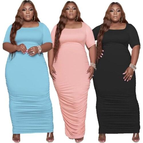 L-5XL Plus Size Dress 2021 women summer clothing solid color casual simple short sleeve Pleating dresses Wholesale Dropshipping