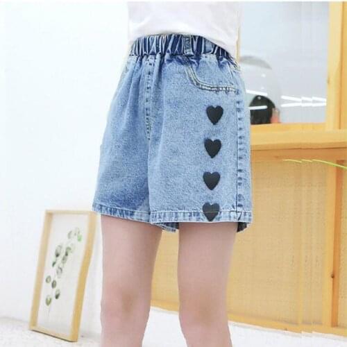 Summer Kids Cotton Denim Shorts For Big Girls Children Heart Print Casual Beach Short Trousers Jeans Clothes 5 8 10 12 14 Years
