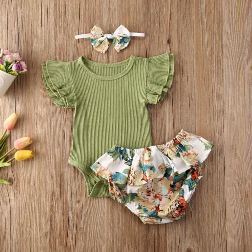 Baby Summer Clothing Infant Newborn Baby Girl Ruffled Ribbed Bodysuit Floral Shorts Headband 3Pcs