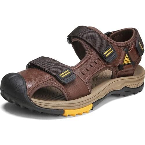 Men Sandals mens Summer Genuine Leather Beach Cushion Closed Toe Shoes Men Fashion Leisure Light Weight Antiskid Sandals