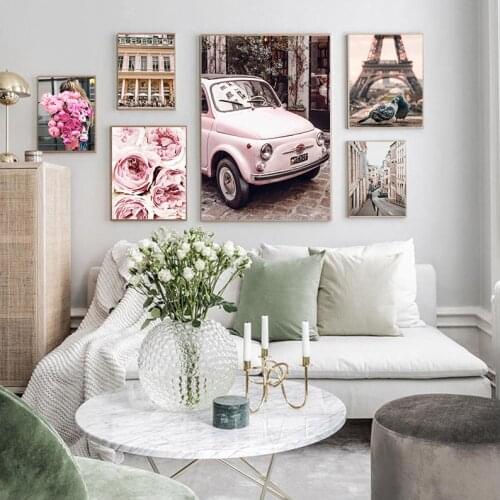 Pink Rose Flower Paris Tower Pigeon Car Wall Art Canvas Painting Nordic Posters And Prints Wall Pictures For Living Room Decor