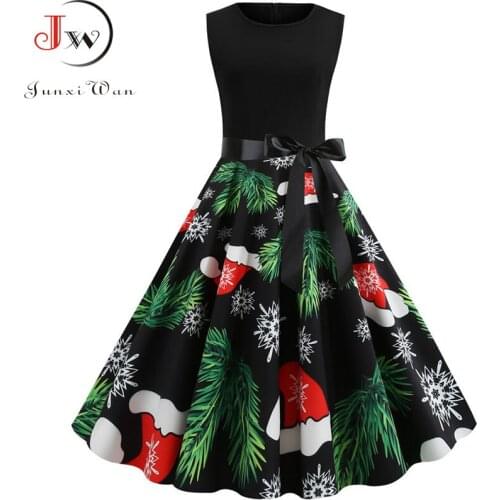 New Women Black Print Christmas Dress Elegant A Line Sleeveless Vintage Slim Midi Party Dresses Vestidos Robe Femme Plus Size