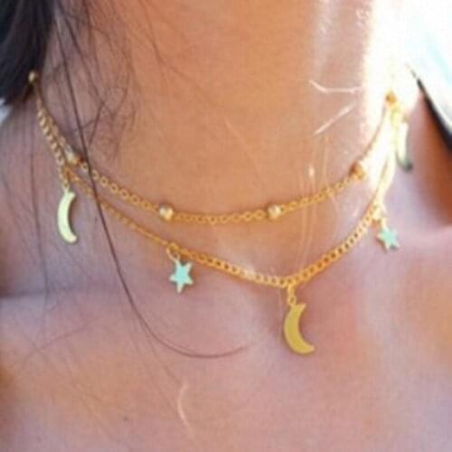 New Fashion Double-layer Choker Necklace Simple Moon Stars Gold Color Short Necklace Ball Round Beads Chain Wholesale Gift