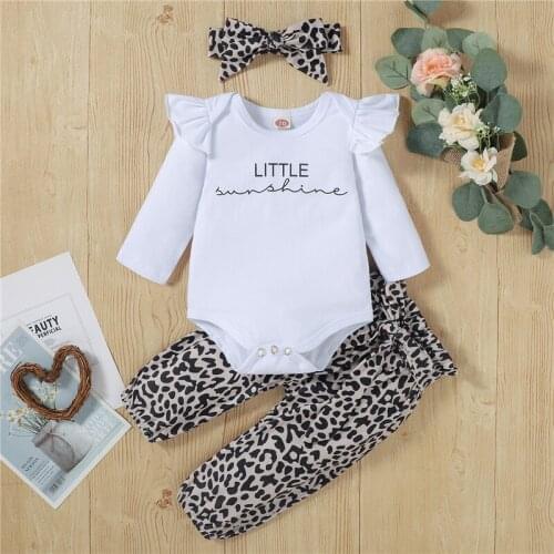 3Pcs Autumn Fall Girls Outfits Letter Print Long Sleeve Sling Vest Romper Leopard Print Trousers Headband Babys Sets