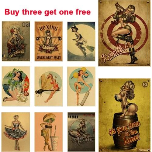 A3 and A4 Sexy Beauty Cartoon Poster Retro Brown Paper Art Painting Study Bedroom Living Room Decorative Painting Posters