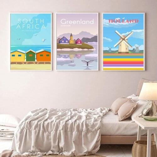 South Africa Vintage Travel Poster Canvas Painting,Greenland Cityscape Print,Holland Retro City Wall Picture Modern Home Decor