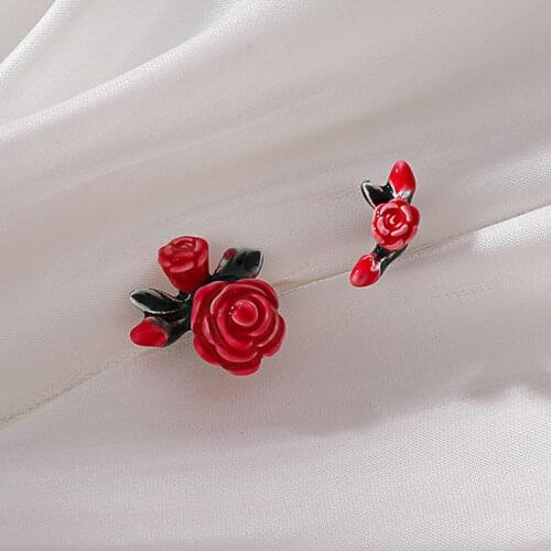 S925 Needle Red Rose Valentines Day Gift Stud Earrings Asymmetric Flower Ears Jewelry Fashion Accessories
