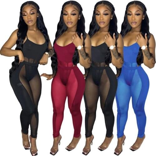 Sexy Solid Sheer Mesh Patchwork Two Piece Set Women Sling O Neck Bodysuit Top Pencil Pants See Through Club wear 2 Piece Outfits