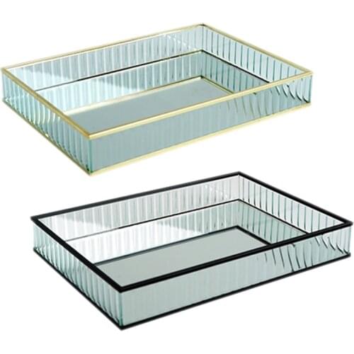 Glass Mirror Tray Metal Edge Red Wine Plate Decorating Storage Tray Cake Tools Home Decoration