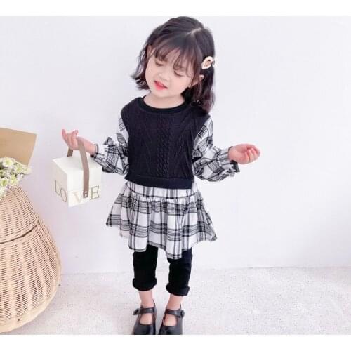 Fake Two-piece Sweater Plaid Long-sleeved Dress Black and White Spring Dresses for Girls 2021 Koearn Style Fashion Kids Clothing