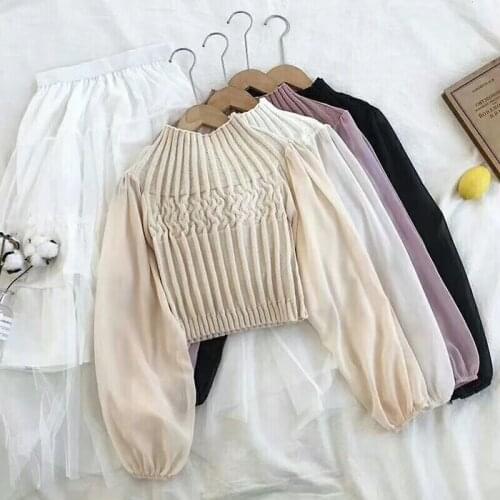Women Sweater 2020 Korean Long Lantern Sleeve Chiffon Patchwork Sweet Solid Short Style Girl Early Spring Knitted Pullovers