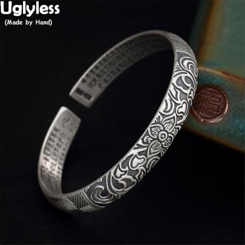 Uglyless Solid 99.9% Full Silver Flowers Bangles for Women Thai Silver Vines Floral Open Bangles Buddhism Heart Sutra Bracelets