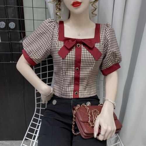 French square collar fashion bubble short-sleeved shirt female summer design chiffon sweet and versatile casual shirt plaid