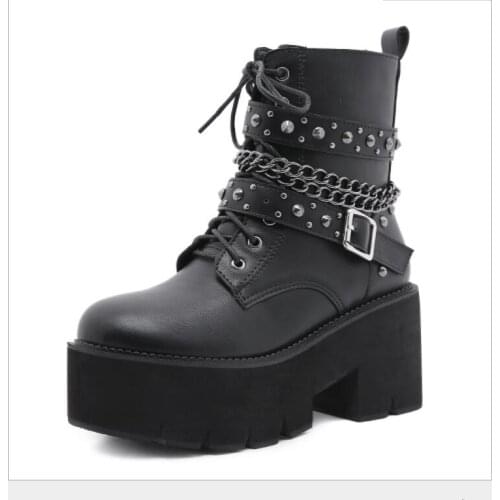 Winter Autumn Sexy Punk Womens Platform Boots Black Buckle Strap zipper Creeper Wedges Shoes Platform side zip and stud boots