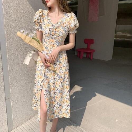 Woman Dress 2021 Summer New Short-sleeved V-neck Long Dress French Split Floral Dress Female Midi Chiffon Dress Womens Clothing