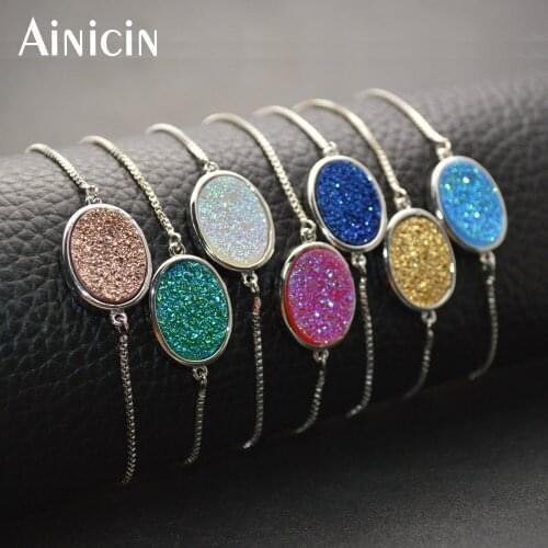 Natural Druzy Crystal Oval Shape Charms Sliding Boxed Chain Bracelets For Women Fashion Jewelry Blue White Rose Red 10pcs Mixed