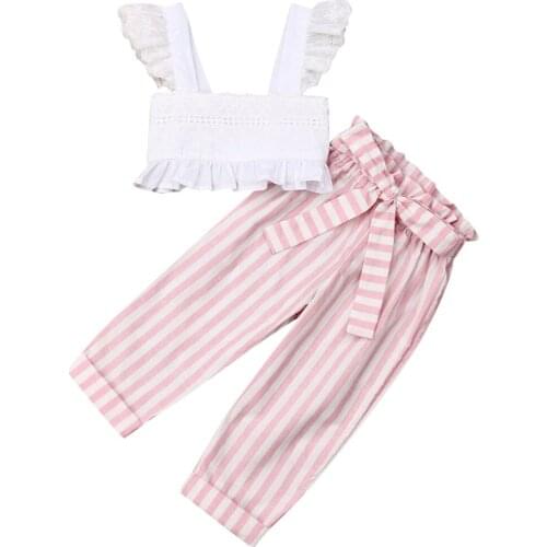 2020 Summer Beachwear Toddler Baby Girl Clothes Lace Strap Ruffle Crop Tops Striped Long Pants 2Pcs Outfits Clothes