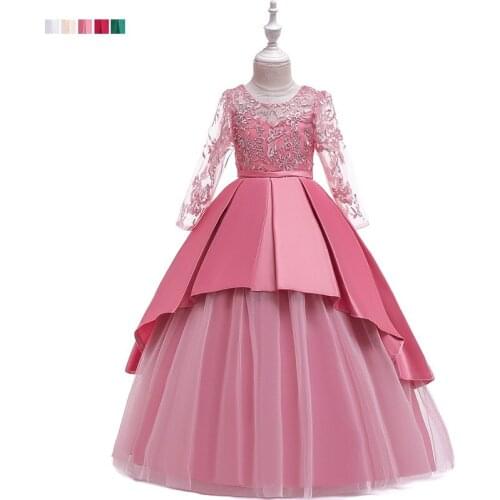 2021 New Mesh Embroidered Princess Dress Girl Long-sleeved Wedding Dress Long Drag Ground