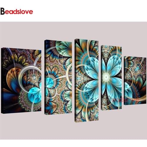 5 pcs diamond painting Abstract Dark Yellow and Blue Fractal Flower diamond mosaic full square round diamond embroidery