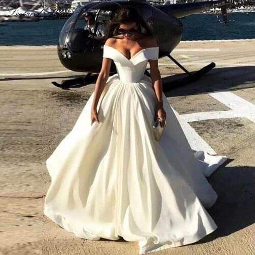 Lceland Poppy Vestido De Noiva A-line Satin Wedding Dresses 2020 Off the Shoulder Floor Length Sleeveless Bridal Gowns