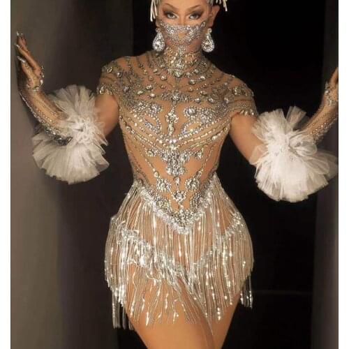 Shining Rhinestone Tassel Dance Dress Gloves Sexy Mesh Perspective Crystal Leotard Singer Dancer Stage Wear Nightclub Outfit