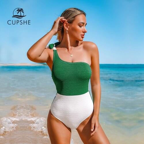 CUPSHE Green And White Colorblock One Shoulder One-Piece Swimsuit 2021 Women Tied Bow Monokini 2021 Beach Bathing Suits Swimwear