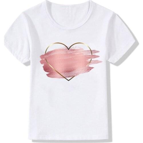 Lovely Pink Heart Illustration Childrens Clothing Cute Cartoon Boy And Girl T-shirt Aesthetics Fun Kid Top Crew Neck White Tees