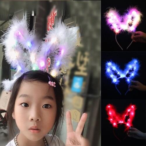 Artificial Feather Lad LED Light-Up Bunny Rabbit Ears Headband Glowing Hair Band For Holiday Party Gift Christmas New Year 2021