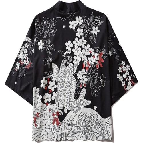 Harajuku Cherry Blossoms Koi Kimono Japanese Traditional Clothes for Men Women Loose Robe Streetwear Cardigan Haori Obi