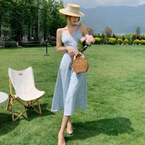 Fashion Summer Casual Retro Floral Print Midi Party Dress Ladies Elegant Sexy Strap Sleeveless V-Neck Beach Vacation Dress Robe