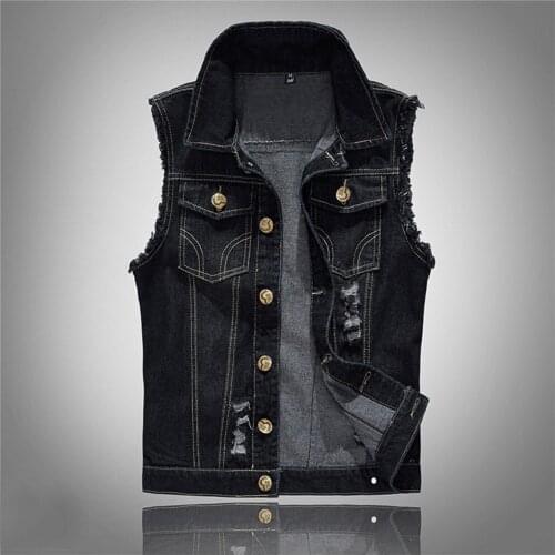 2021 Ripped Jean Jacket Mens Denim Vest Hip Hop Jean Coats Waistcoat Men Cowboy Brand Sleeveless Jacket Male Tank Plus Size 6XL