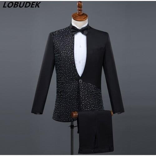 Jacket+Pants) Formal male suits black white Shining Diamond suit 2 piece sets host singer dancer Master for Wedding costumes