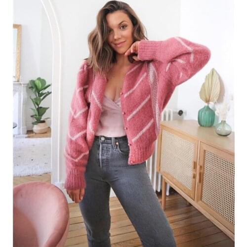 Latest 2020 Fall/Winter/Spring Women O Neckline Mohair Blend Stripe Knitting Sweater Cardigan Top